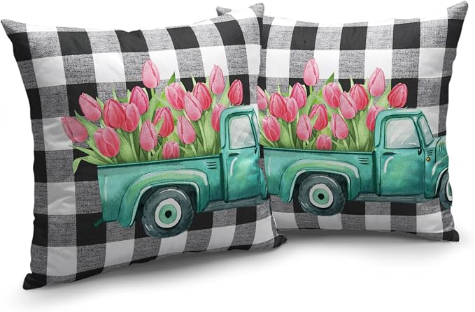 Spring Summer Floral Throw Pillow Covers Pink Tulip Decorative Pillowcase Vintage Blue Truck Cushion Covers 20x20 Set of 2 for Living Room Sofa Car Square Pillow Protectors