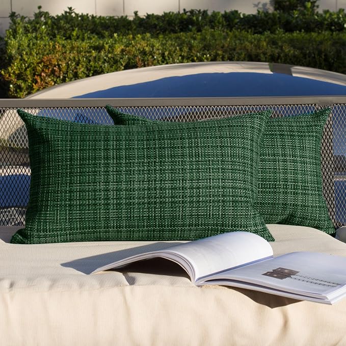 Kevin Textile Outdoor Waterproof 12"x20" Pillow Covers 2 Pack, Army Green | Water Resistant, Faux Linen Yarn-dyed, Woven Texture Throw Pillow Covers for Tent Patio Garden Couch Sofa