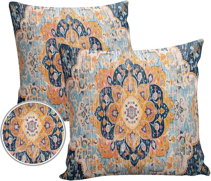 Outdoor Waterproof Pillow Covers Set of 2, Meddle Century Vintage Blue Carpet Mural Pattern Patio Throw Pillow Covers, Decorative Cushion Case for Couch Sofa Furniture Garden, 18x18 Inch