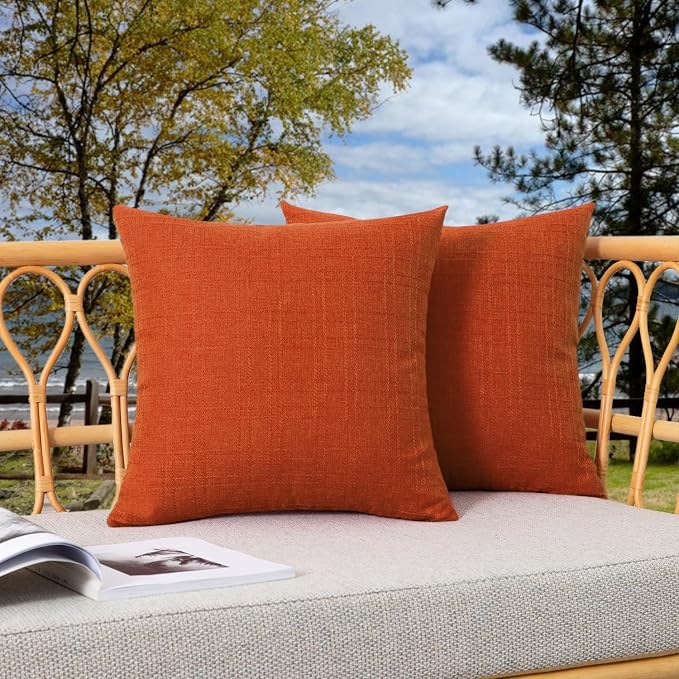 Kevin Textile Outdoor Waterproof 16”x16” Pillow Covers 2 Pack, Dark Orange | Water Resistant, Soft Faux Linen-cotton Yarn-dyed Woven Texture Throw Pillow Covers for Tent Patio Garden Couch Sofa