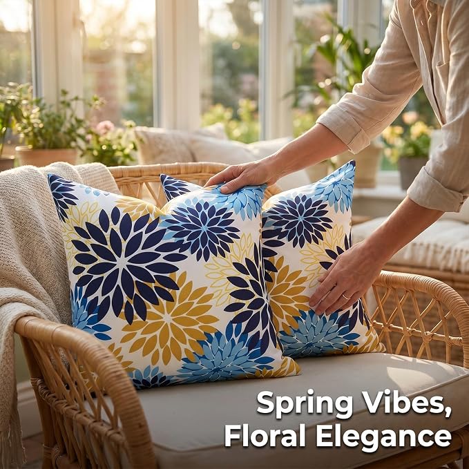 Outdoor Pillows Waterproof Throw Pillow Covers Set of 2 Dahlia Flowers Cushion Covers 18×18 Inch Blue and Yellow Decorative Square Pillow Case for Tent Sunbrella Garden Bench Living Room Sofa