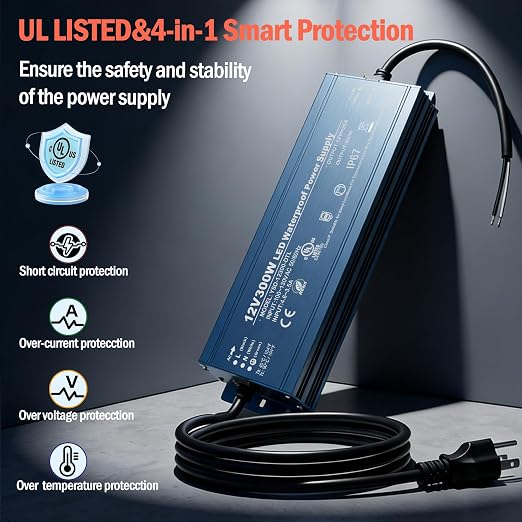 12V 300W UL Listed LED Power Supply with 3.28ft US Standard Plug Wire | Waterproof IP67 Low Voltage Transformer, 100V-130V AC to 12V DC Converter for DC12V LED Lighting Products