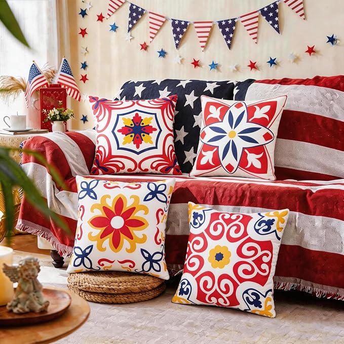 Pyonic 4th of July Outdoor Pillows Waterproof Throw Pillow Covers Set of 4 Red Blue White Floral Printed Patriotic Outdoor Pillow Covers for Patio Funiture Garden 18x18 Inch-Double Side