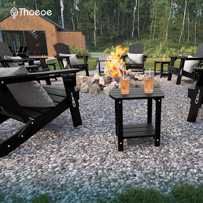 THOEOE Adirondack Outdoor Side Table, 2-Tier Sturdy Patio End Table Weather Resistant, Morden Side Table for Patio, Pool, Porch, Black