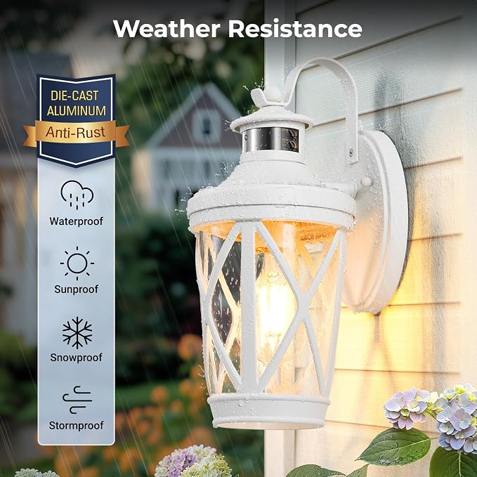VIANIS Motion Sensor Outdoor Wall Light Fixtures, 2-Pack White Dusk to Dawn Front Porch Lights, Anti-Rust Outdoor Lanterns Wall Mount with Adjustable Sense Range, Exterior Coach Light for Garage