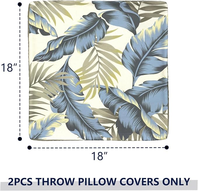Outdoor Throw Pillow Covers 18x18 Inch, Decorative Pillow Covers for Patio Furniture, Lush Palm Blue Modern Cushion Cases for Garden Couch Home Sofa, Pack of 2