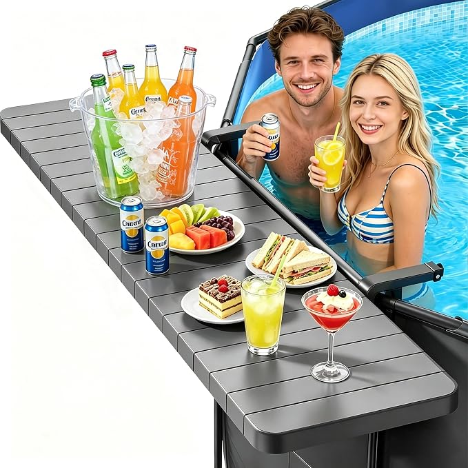Poolside Bar Table for Above Ground Pool, 49.4x9.6 Outdoor Hanging Swim-Up Table, Holds 110 lbs, Weather-Resistant Easy-Clean, Fits Round/Oval Pools Swimming Pool Accessories, Dark Gray