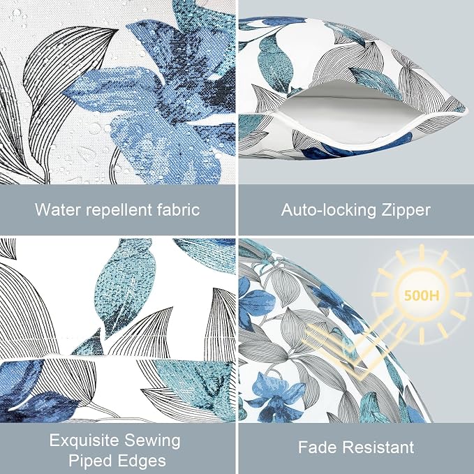 LVTXIII Outdoor/Indoor Pillow Covers, Patio Fade Resistant Throw Pillow Covers ONLY, Waterproof Farmhouse Accent Cushion Cases for Sofa Patio Couch Decoration 20"x20" Set of 2, Clemens Noir Blue