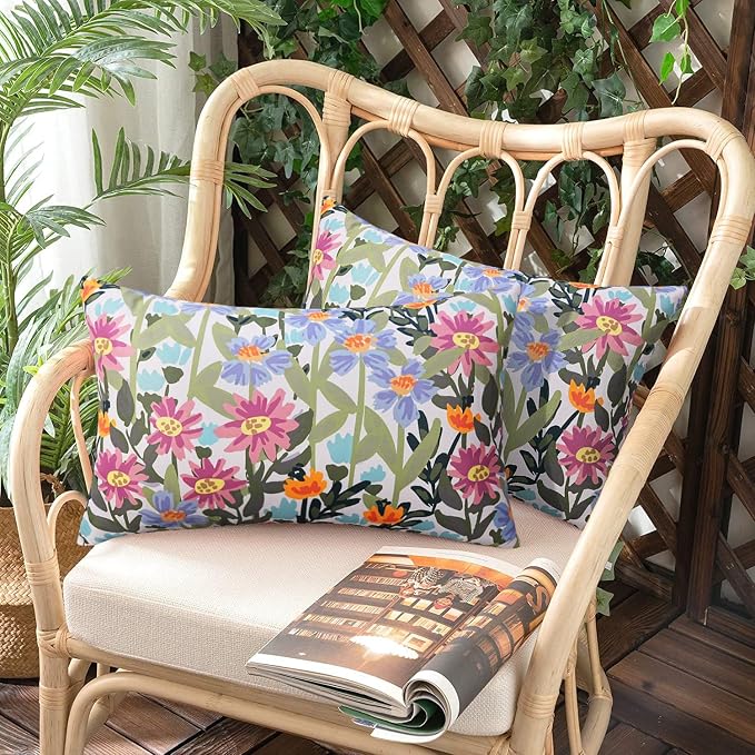 Pyonic Floral Outdoor Lumbar Pillows Covers 12x20 inch Waterproof Spring Summer Decor Outdoor Pillows for Patio Furnture Garden Bench Porch
