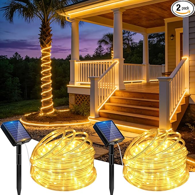 Solar Rope Lights, 2 Pack 20FT 60 LED Solar Fairy Lights with 8 Lighting Modes, IP65 Waterproof Strip Light Outdoor for Garden Yard Patio Deck Fence Tree Party Holiday Decoration, Warm White