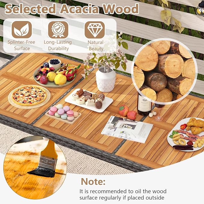 HAPPYGRILL 9 Pieces Patio Dining Set for 8, Outdoor Acacia Wood Table and Rattan Chairs with 2" Umbrella Hole, Cushions, Wicker Outdoor Dining Furniture Set for Backyard, Garden, Deck