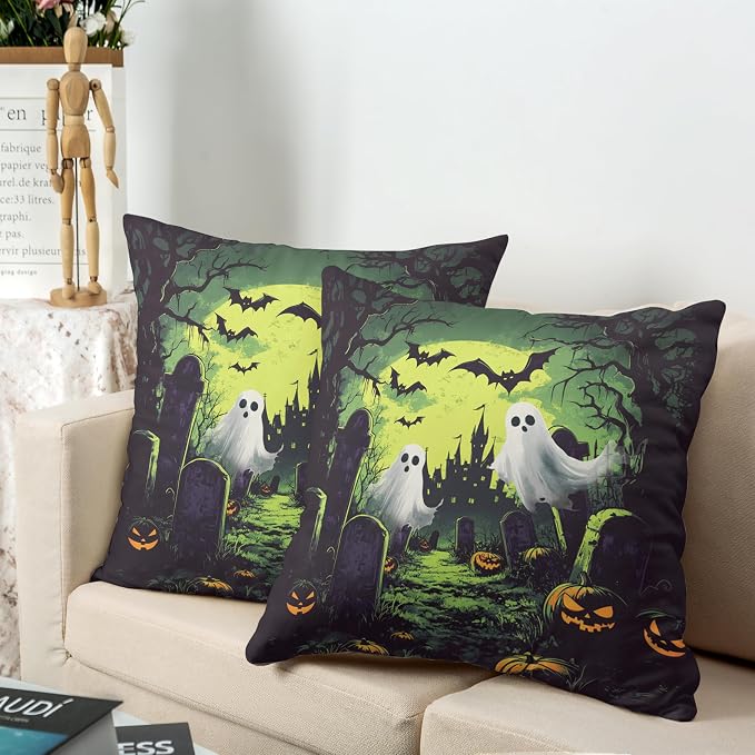 2 Pack Halloween Pillow Covers 18x18 Graveyard Ghost Throw Pillow Covers Horror Spooky Green Full Moon Night Pillow Case Bat Pumpkin Cushion Case for Holiday Party Decor Couch Sofa