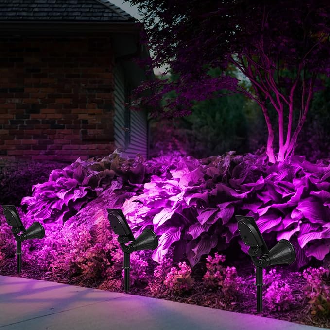 T-SUN [2 Pack] LED Solar Spotlights, Waterproof Outdoor Security Landscape Lamps, Auto-on/Auto-Off by Day, 180 Angle Adjustable for Tree, Patio, Yard, Garden, Driveway, Stairs, Pool Area(Purple) | 4 LEDs, 2 Lighting Modes, IP65 Waterproof Dusk to Dawn ...