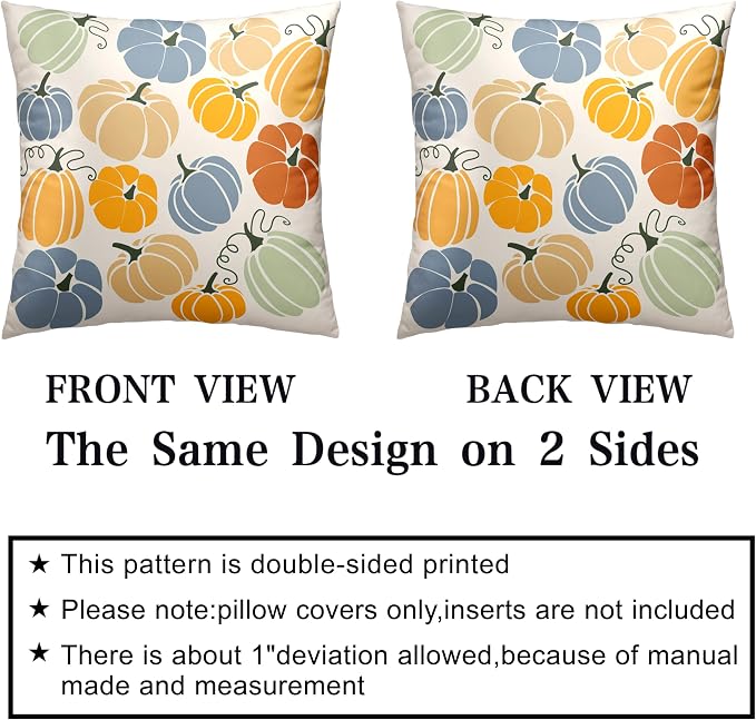 Fall Thanksgiving Throw Pillow Covers 18x18 Set of 2 Orange Yellow Blue Pumpkins Pillow Covers Colorful Autumn Outdoor Pillow Case Cotton Blend Cushion Case for Couch Patio Bed Car