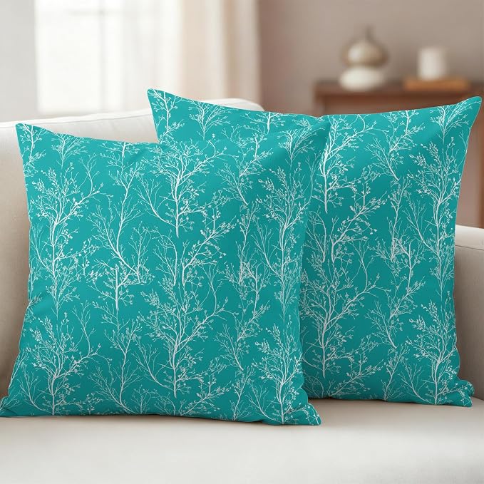 Turquoise Branches Waterproof Outdoor Pillow Covers Set of 2 Home Decor, Abstract Art Leaves Plant Pillowcase Patio Pillow Covers for Couch Bench Patio Furniture Garden 24x24in