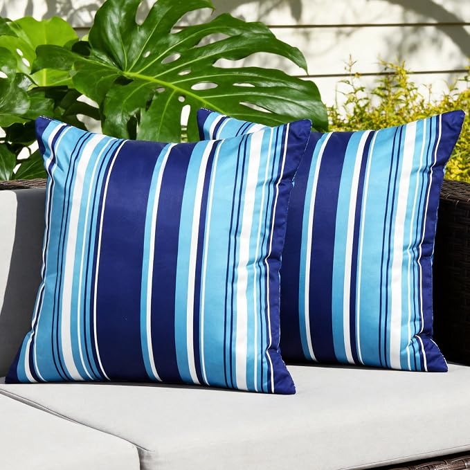 Waterproof Outdoor Pillow Covers 18x18 Inch Set of 2, Dark Blue Stripe Decorative Throw Pillow Cover, Modern Farmhouse Cushion Cases for Spring Summer Patio Garden Porch Balcony Beach Sofa