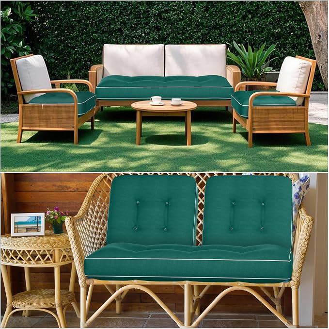 Wenqik 44 x 19 x 4 Inch Outdoor Bench Cushion Set of 3 Waterproof Tufted 1 Patio Loveseat Cushions and 2 Square Chair Seat Pad for Outdoor Furniture Couch Swing Sofa Wicker Settee(Green)