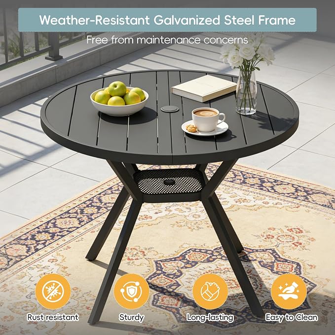 42" Outdoor Patio Table Dining Table All Weather Metal Round Patio Dining Table with Adjustable Umbrella Hole Patio Furniture for Lawn Garden Backyard, Black
