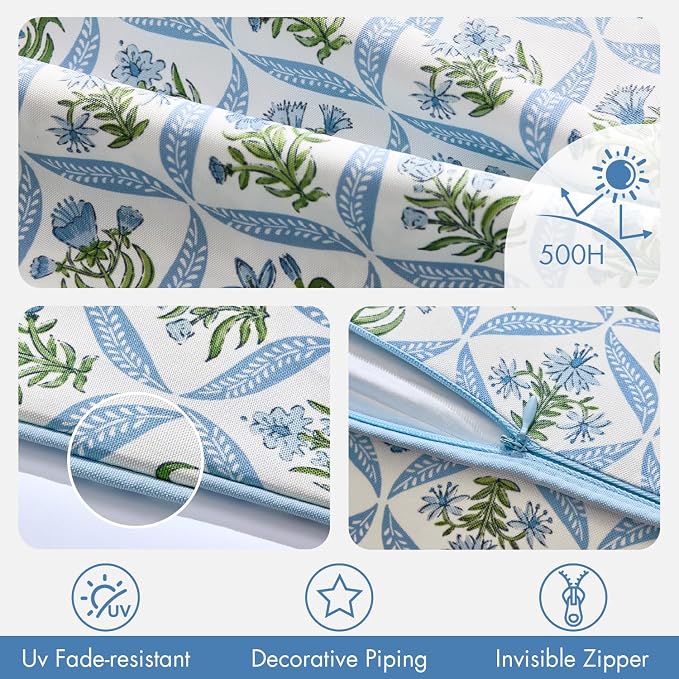 ANRODUO Floral Outdoor Waterproof Pillow Covers Set of 2 Blue 20x20 Inch | Square Block Print Decorative Cushion Cases With Refined Edge Piping for Summer Patio Porch Garden Couch Sofa Bench Decor
