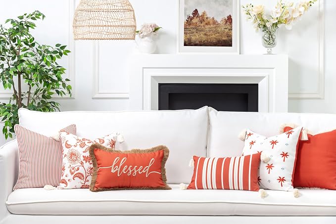 Hofdeco Premium Fall Coastal Patio Indoor Outdoor Lumbar Pillow Cover Only, 12"x20" Water Repellent for Backyard, Couch, Rust Orange Embroidered Blessed with Fringed Trim
