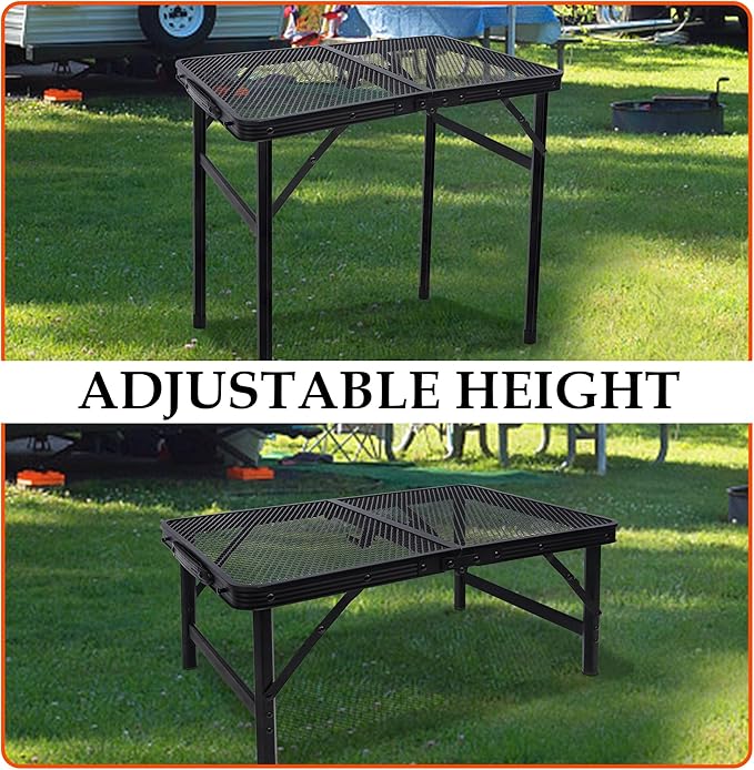 FORUP Small Folding Table, Camping Table with Mesh Desktop, Portable Picnic Table with Carry Handle, Height Adjustable Portable Grill Table for Outside Inside Use