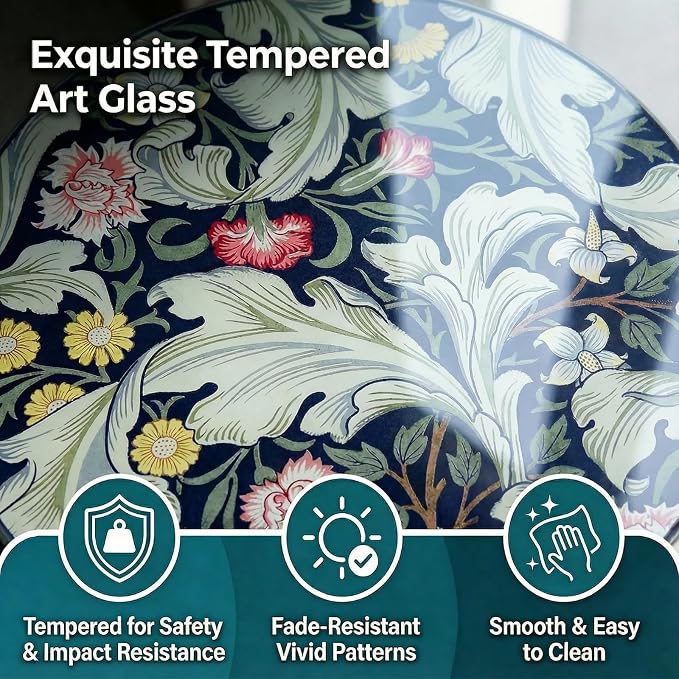 13.4" Outdoor Side Table, Round Patio Bistro Table Printed Tempered Glass Top, Waterproof Rust-Proof Base, Small Plant Stand for Balcony, Garden, Deck, 21.6" H (Morris Green)