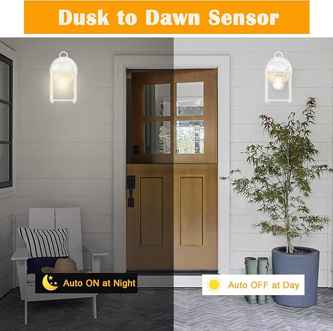 Outdoor Wall Light, Porch Lamp, Dusk to Dawn, White | Exterior Wall Sconce Fixture for House, Garage, Patio, Rustproof Waterproof, Metal Housing with Glass, E26 Base, 2 Pack