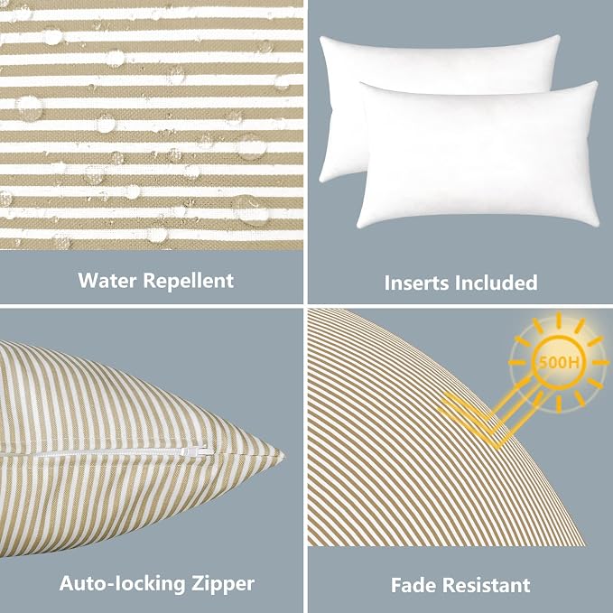 LVTXIII Outdoor/Indoor Lumbar Pillows, Decorative Patio Lumbar Cushions, Fluffy Water Repellent Garden Cushions for Home Patio Coach Sofa Use, 12×20 Inch, Pack of 2, Stripe Beige
