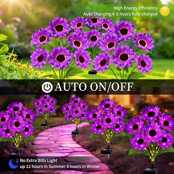 Solar Garden Lights Outdoor, 6 Pack Solar Purple Sunflower Lights with 18 Head 3.5 Inch Flowers, Waterproof Flowers Light Fall Decor Auto ON/Off for Garden Yard Patio Backyard, Gifts for Mom Women