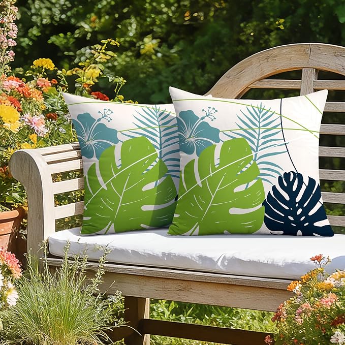 OTOSTAR Outdoor Waterproof Throw Pillow Covers 16x16 Inch Set of 2 Double-Sided Light Green Blue Tropical Leaf and Flower Spring Summer Decorative Pillow Cases for Patio Funiture Garden Balcony Couch