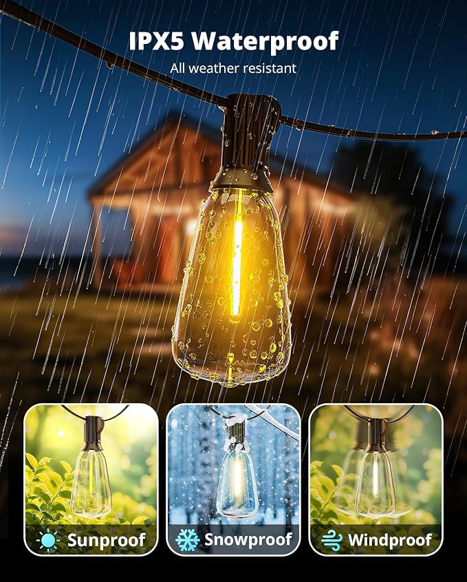 VIPAR Outdoor String Lights, 60FT LED Patio Lights Waterproof 28 ST38 Bulbs | Shatterproof,Edison Outside Lights,Plug-In,2700K Dimmable, Connectable, Hanging Light for Porch Garden Backyard Deck Balcony