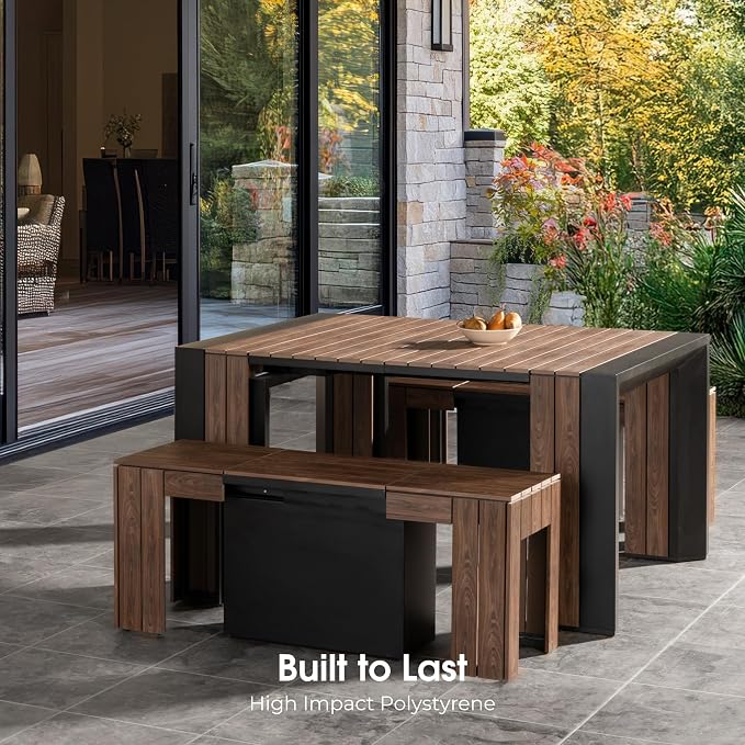 Transformer Table - Extendable Outdoor Dining Set up to 12, Expandable Patio Table, Weather-Resistant Patio Furniture, Outdoor Furniture, Dark Walnut, Brown (Table + 2 Benches)