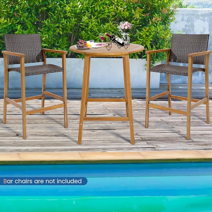HAPPYGRILL 31.5” Round Bar Table, Bar Height Table with Umbrella Hole & Slatted Tabletop, Acacia Wood Patio Bistro Table, Side Table for Indoors Outdoors