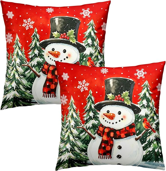 Christmas Throw Pillow Covers 22x22 Inch – Pack of 2 Snow Snowman Pine Trees Holiday Cotton Hidden Zipper Pillowcases for Couch Sofa Bed Porch Farmhouse Home Decor
