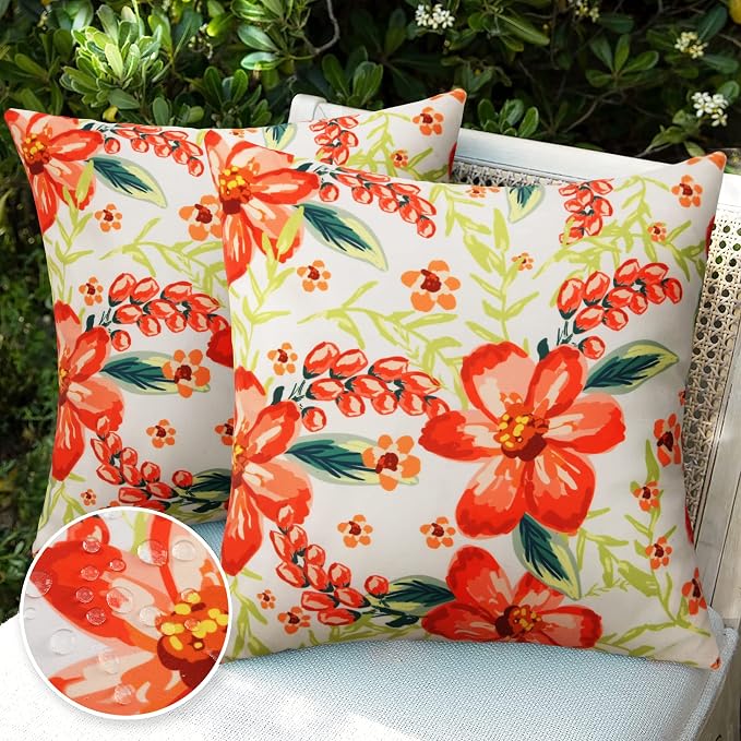 Pyonic Outdoor Pillows Covers Pack of 2 Spring Floral Waterproof Throw Pillow Covers 18X18 inch Outdoor Pillows for Patio Furniture Garden Square Outside Waterproof Pillow