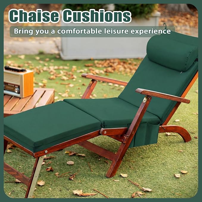 RattanView 2 Pcs Outdoor Chaise Lounge Cushion with Pillow and Side Pockets Waterproof Lounge Chair Cushions for Outdoor Furniture Patio Lounger Pad for Outside Pool Lawn (Dark Green,72 x 21 x 4)