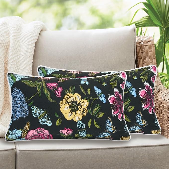 Lumbar Pillow with Insert, Set of 2, Outdoor Indoor Waterproof Decorative Patio Lumbar Pillow 12x20 Inch, Rectangular Cushion for Couch Sofa Garden Farmhouse Decoration-Black Butterfly Flower