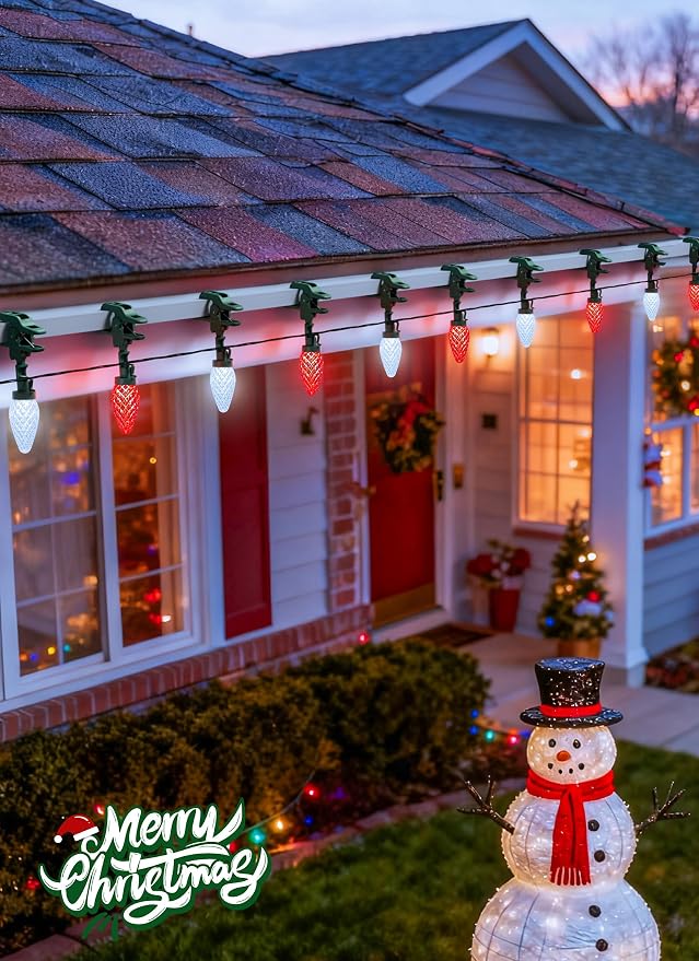 C9 Christmas Lights Outdoor, 102FT 150 LED String Lights with Spring Clips | Waterproof Connectable Commercial Grade Christmas Tree Lights for Outside Roofline Patio Yard Home Xmas Decor, Red|Pure White