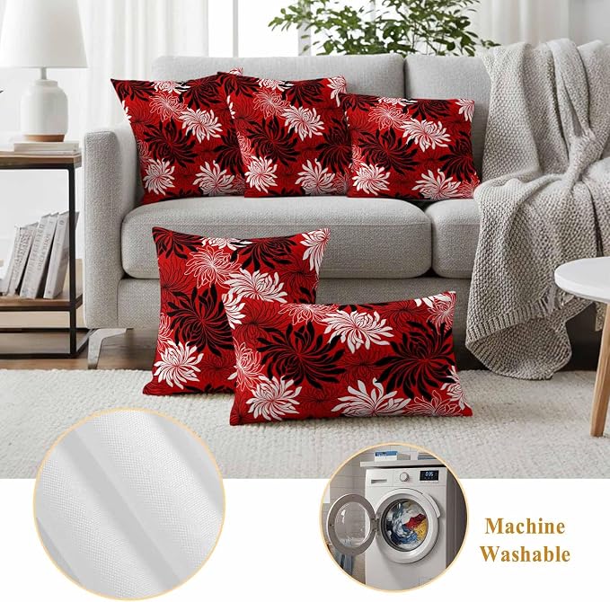 Yukro Red Black Floral Outdoor Waterproof Pillow Covers Pack of 2, Vintage White Black Flower Red Decorative Throw Pillowcases Cushion Covers for Garden Patio Tent Sofa Couch, 26x26 inch