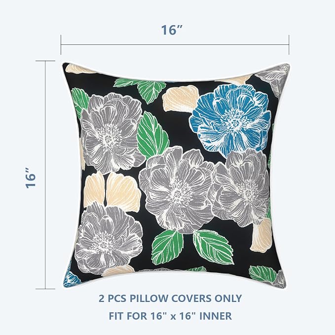 LVTXIII Outdoor Throw Pillow Covers Set of 2, Patio Waterproof Pillow Cases Fade Resistant Accent Pillow Covers for Home and Garden Furniture Decoration, 16x16, Peony Garden
