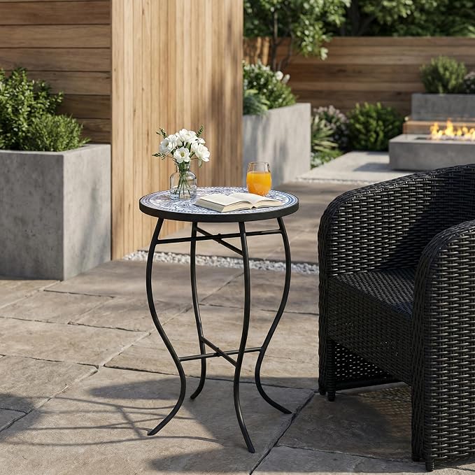IRONORA Mosaic Tile Round Side Table, Blue White Mandala Patio End Table, Curved Black Metal Frame Weather Resistant Accent Table for Balcony Backyard Porch Living Room