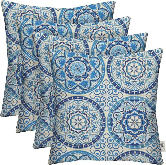 RSH DECOR: Square Throw Pillows Set of 4 | 17” x 17” | All-Weather Spun Fabric | Water and Fade-Resistant | Outdoor Accent Pillows for Patio Furniture | Blue Wheel Indigo