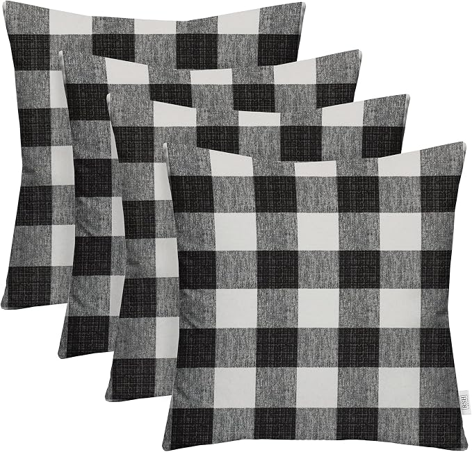 RSH DECOR Square Throw Pillows Set of 4, 17" x 17", All Weather Pillows, Black Buffalo Plaid, Made in USA