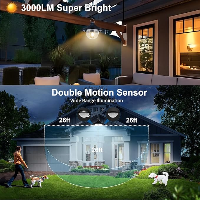 Solar Powered Shed Light Indoor Outdoor Pendant Lights with 2 Motion Sensor | Waterproof, Daytime Available, 3 CCT, Solar Hanging Lamp for Porch, Inside Home, Farmhouse, Gazebo, Chicken Coop