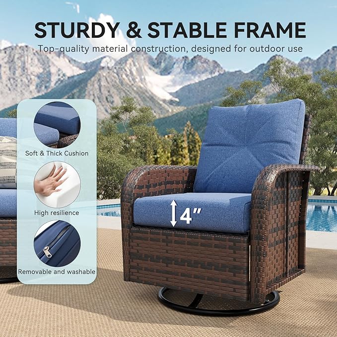 LazySunsets 3 Piece Outdoor Patio Furniture Set, Wicker Rattan Outdoor Furniture with High Back Swivel Rocker Chairs, Outdoor Sofa Set with Thick Cushions & Side Table, Navy Blue