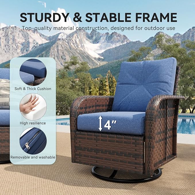 LazySunsets 7 Piece Outdoor Patio Furniture Set with 44'' Fire Pit Table, Wicker Rattan Outdoor Furniture with High Back Swivel Rocker Chairs, Outdoor Sofa Set with Thick Cushions, Navy Blue