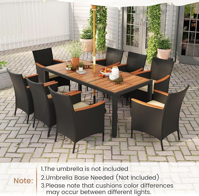 HAPPYGRILL 9 Pieces Outdoor Dining Set for 8, Patio Conversation Set with Acacia Wood Tabletop, Umbrella Hole, Washable Seat Cushions, Rattan Dining Table & Chair Set for Garden Yard Poolside