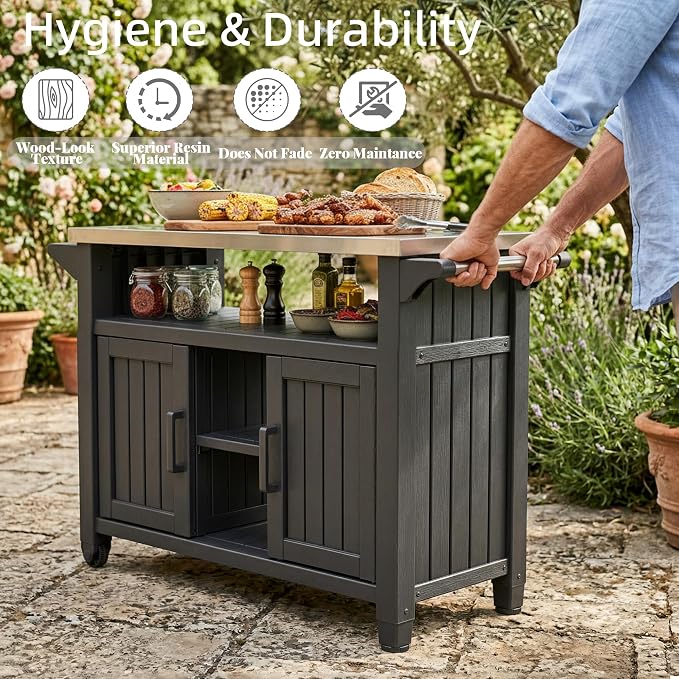 EFU Outdoor Bar Cart, Kitchen Island with Storage Cabinet & Stainless Steel Top, Outdoor Grill Table for Food Prep, Drinks, Snacks, and Cooking, Grill Cart for Parties, Pool, BBQ
