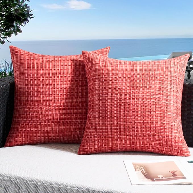 UGASA Outdoor Waterproof Throw Pillow Covers Pack of 2 Patio Water Resistant Pillow Cases Summer Woven Texture Decorative for Outside Garden Porch Yard Bench Tent 20x20 Inch, Red