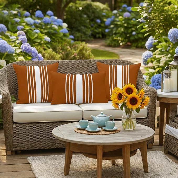 Burnt Orange White Stripe Outdoor Pillow Covers 18x18 Inch Throw Pillow Covers Set of 2 Waterproof Decorative Pillow Cases Modern Rustic Vertical Striped Cushion Covers for Patio Furniture Garden